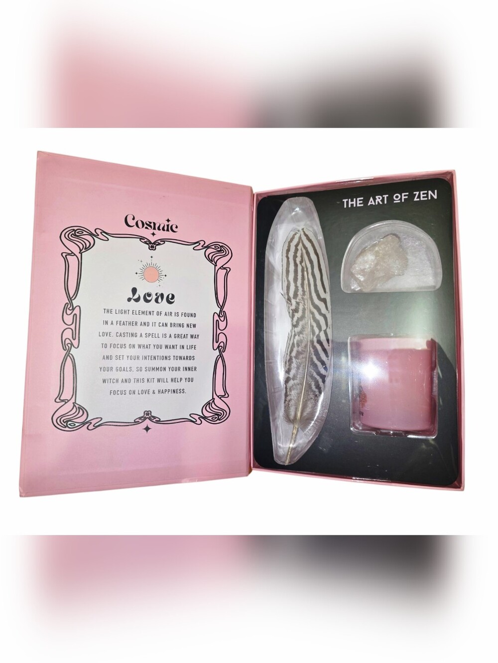 The Art Of Zen LOVE Good Luck Set Box - Crystal, Candle & Feather